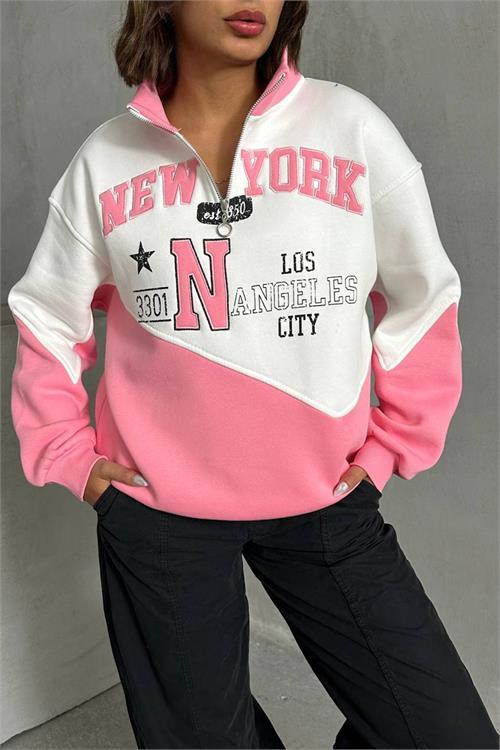 Dipmoda kadın pembe fermuarlı New york sweat NBG050