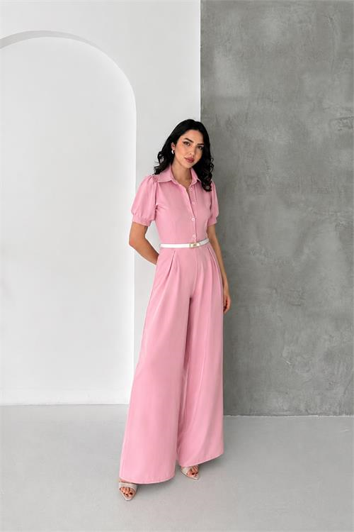 Dipmoda kadın pembe gömlek yaka kemerli geniş paça tulum DPK4197
