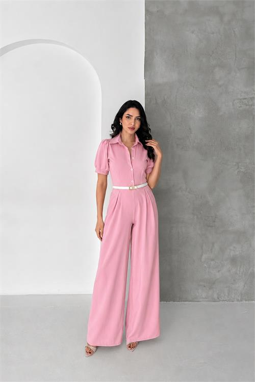 Dipmoda kadın pembe gömlek yaka kemerli geniş paça tulum DPK4197