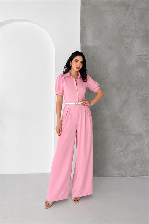 Dipmoda kadın pembe gömlek yaka kemerli geniş paça tulum DPK4197