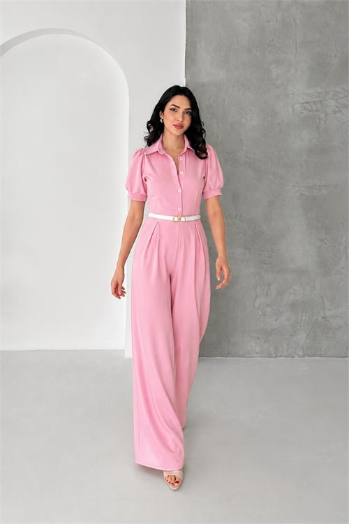 Dipmoda kadın pembe gömlek yaka kemerli geniş paça tulum DPK4197