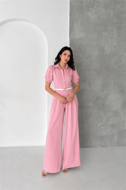 Dipmoda kadın pembe gömlek yaka kemerli geniş paça tulum DPK4197