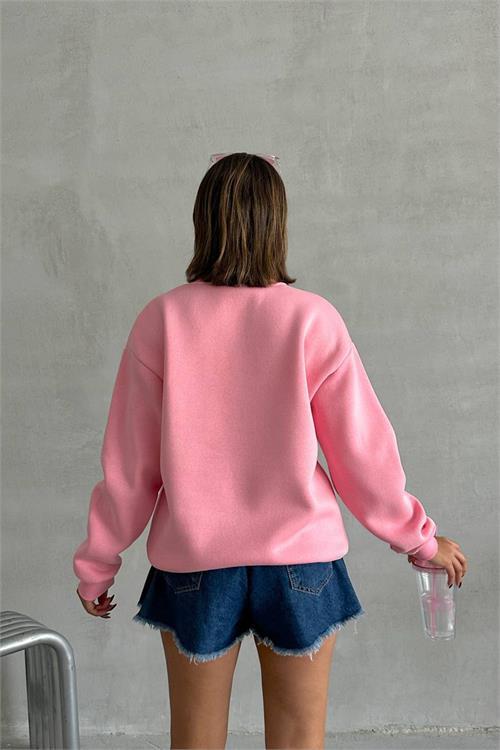 Dipmoda kadın pembe içi pamuklu nakış detaylı sweat NBG035 