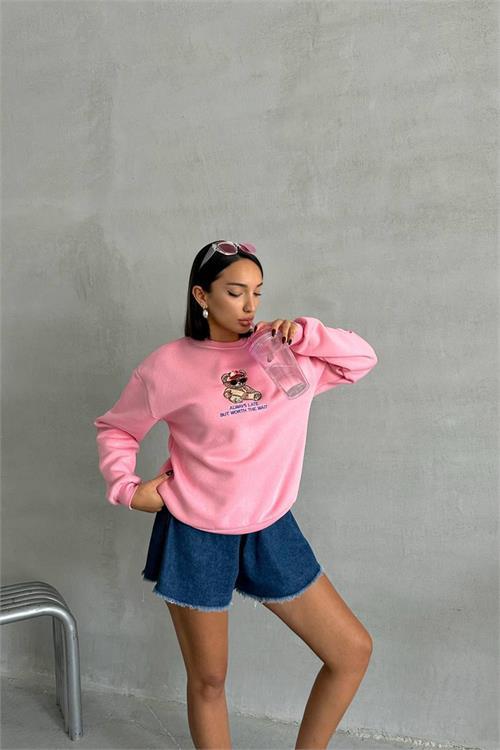 Dipmoda kadın pembe içi pamuklu nakış detaylı sweat NBG035 