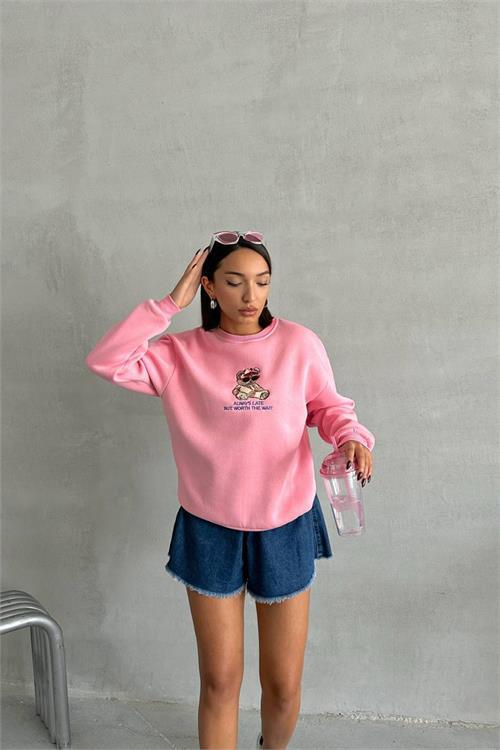 Dipmoda kadın pembe içi pamuklu nakış detaylı sweat NBG035 