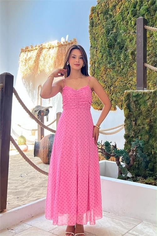 Dipmoda kadın pembe ince askılı puantiye desen göğüs drapeli midi boy elbise DPMY4037