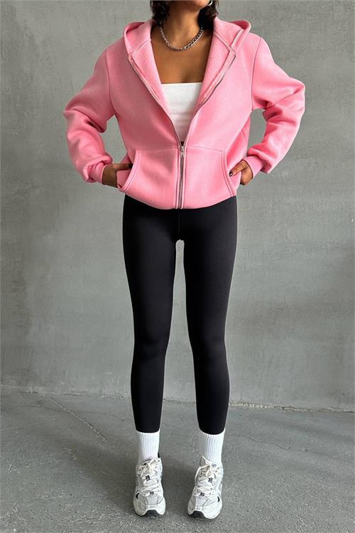 Dipmoda kadın pembe kapuşonlu içi pamuklu sweat NBG030 