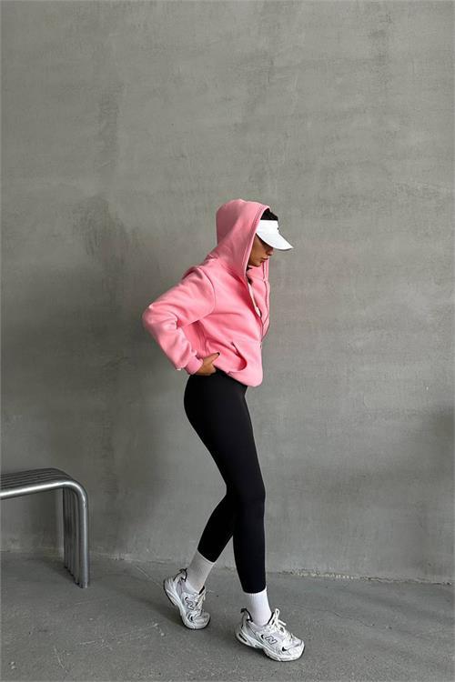 Dipmoda kadın pembe kapuşonlu içi pamuklu sweat NBG030 