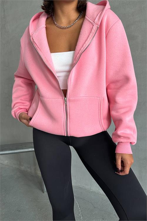 Dipmoda kadın pembe kapuşonlu içi pamuklu sweat NBG030 