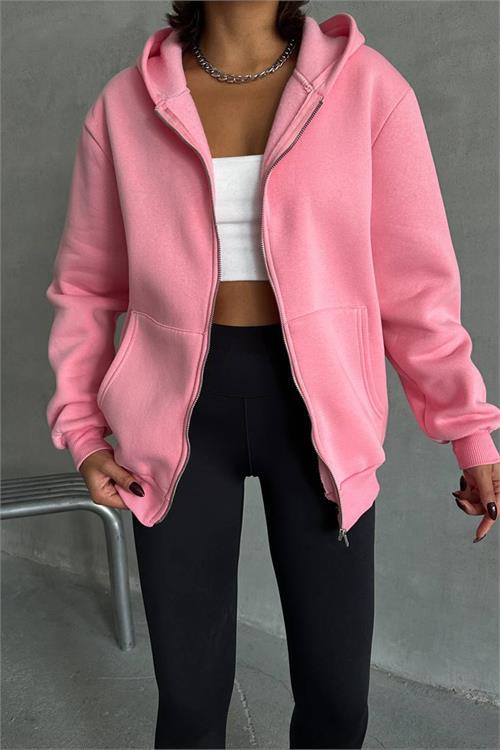 Dipmoda kadın pembe kapuşonlu içi pamuklu sweat NBG030 