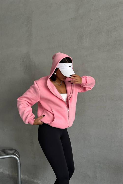 Dipmoda kadın pembe kapuşonlu içi pamuklu sweat NBG030 