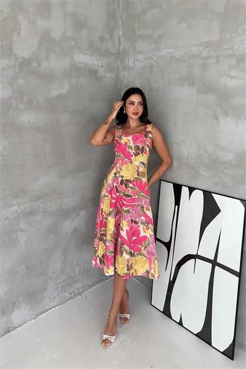 Dipmoda kadın pembe kare yaka çiçek desenli kolsuz beli oturan midi elbise DPK4670