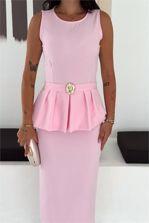 Dipmoda kadın pembe kolsuz peplum kesim midi boy kemer tokalı elbise DPK4640
