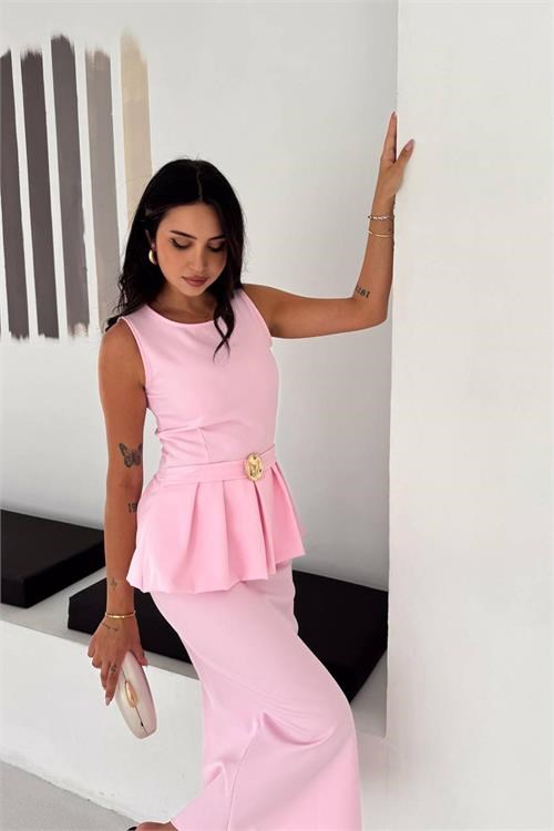 Dipmoda kadın pembe kolsuz peplum kesim midi boy kemer tokalı elbise DPK4640
