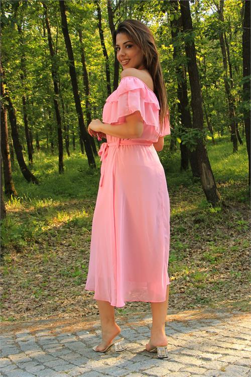 Dipmoda kadın pembe kuşaklı madonna yaka baby shower elbise NB8060 