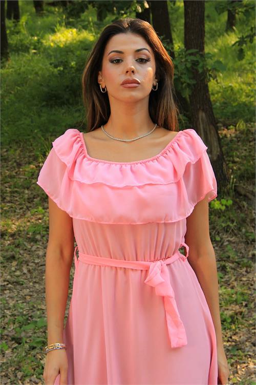 Dipmoda kadın pembe kuşaklı madonna yaka baby shower elbise NB8060 