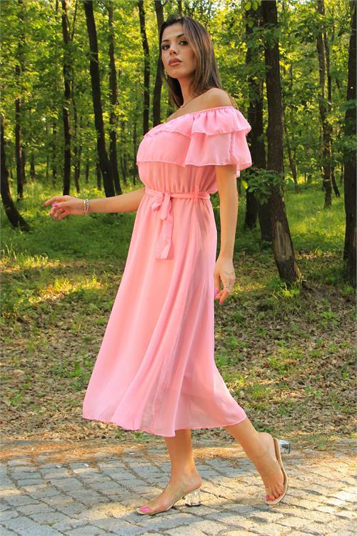 Dipmoda kadın pembe kuşaklı madonna yaka baby shower elbise NB8060 