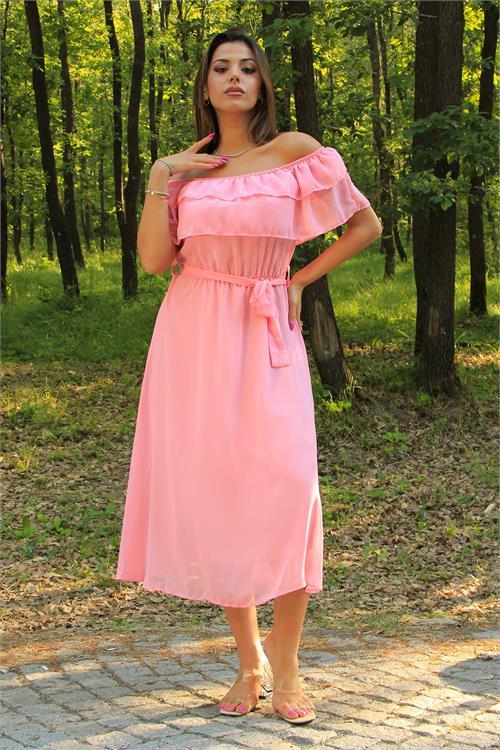 Dipmoda kadın pembe kuşaklı madonna yaka baby shower elbise NB8060 