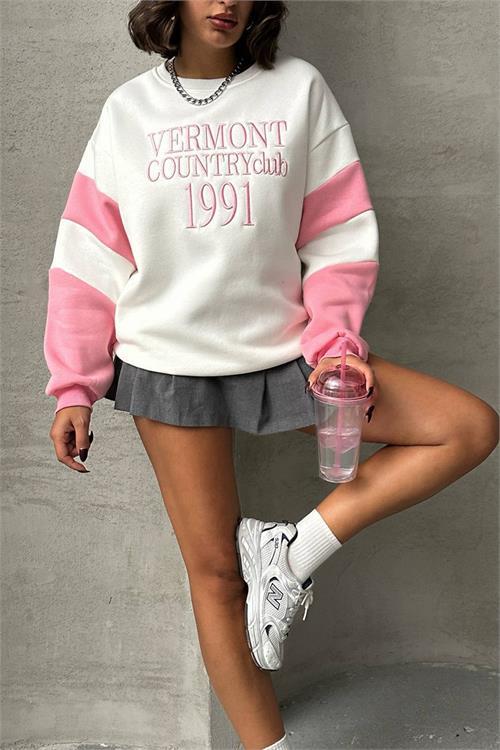 Dipmoda kadın pembe nakışlı pamuklu sweat NBG045