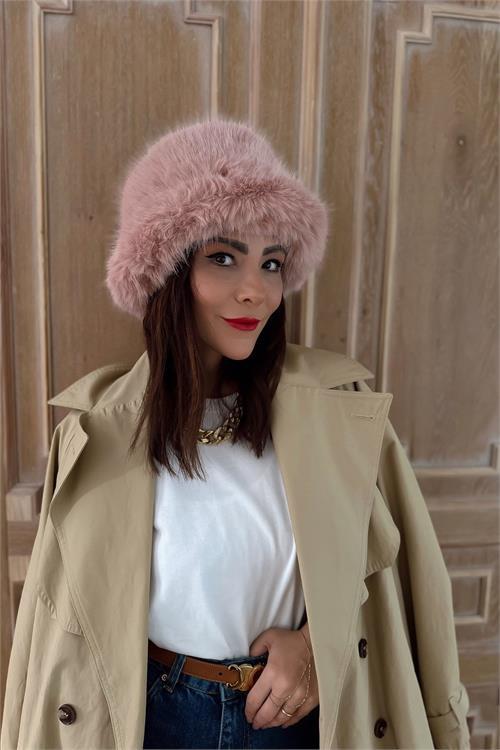 Dipmoda kadın pembe peluş kalpak şapka DPAKS001