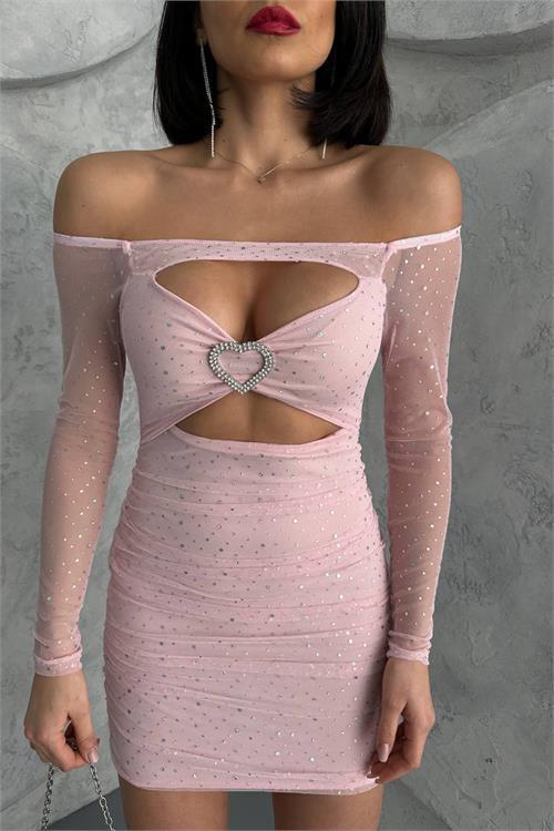 Dipmoda kadın pembe simli dekolte mini elbise DPNBDF115