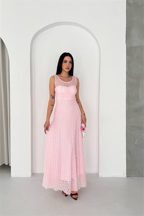 Dipmoda kadın pembe transparan detaylı tam boy astarlı dantel elbise DPK4619