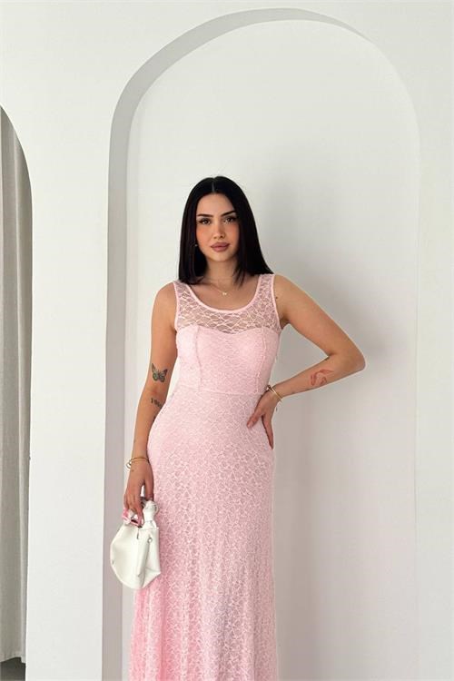 Dipmoda kadın pembe transparan detaylı tam boy astarlı dantel elbise DPK4619