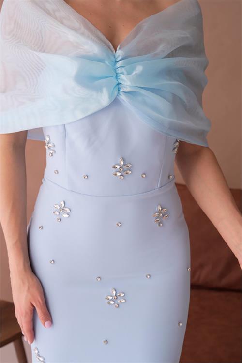 Dipmoda kadın pembe tül ve taş detaylı abiye elbise DPS9372