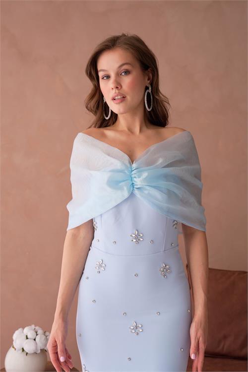 Dipmoda kadın pembe tül ve taş detaylı abiye elbise DPS9372