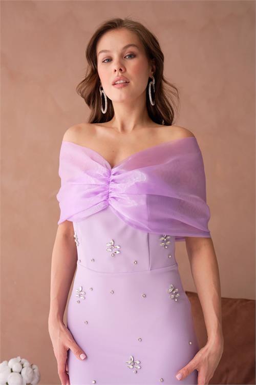 Dipmoda kadın pembe tül ve taş detaylı abiye elbise DPS9372