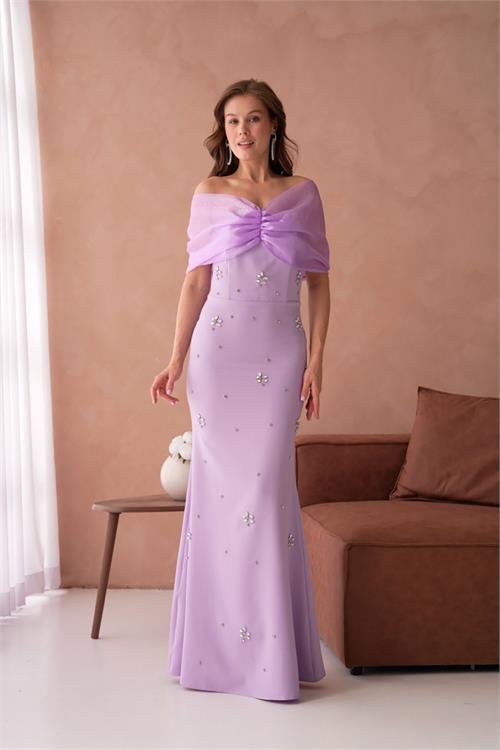 Dipmoda kadın pembe tül ve taş detaylı abiye elbise DPS9372