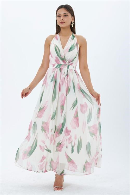 Dipmoda kadın pembe yaprak desen halter yaka maxi boy elbise DPMY4122