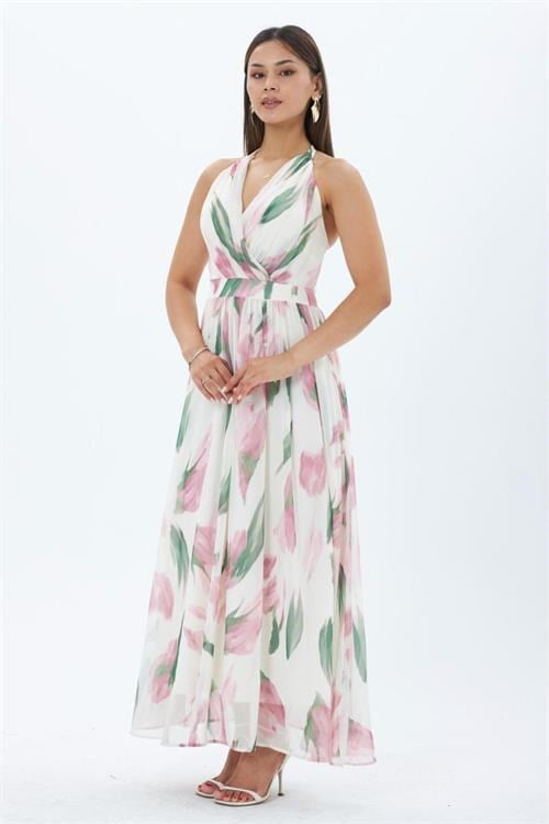 Dipmoda kadın pembe yaprak desen halter yaka maxi boy elbise DPMY4122
