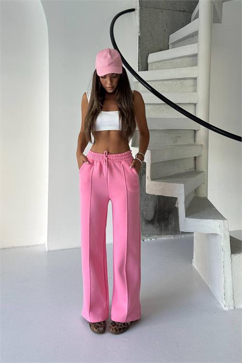 Dipmoda kadın pembe yüksek bel 3 iplik eşofman altı DPG107