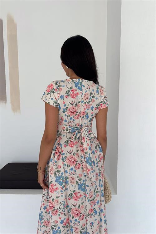 Dipmoda kadın pembe yuvarlak yaka çiçekli midi boy bel bağlamalı elbise DPK4616