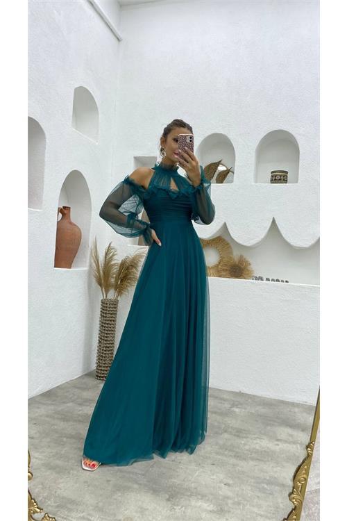 Dipmoda kadın petrol tül drapeli uzun abiye elbise NBSWLL07 