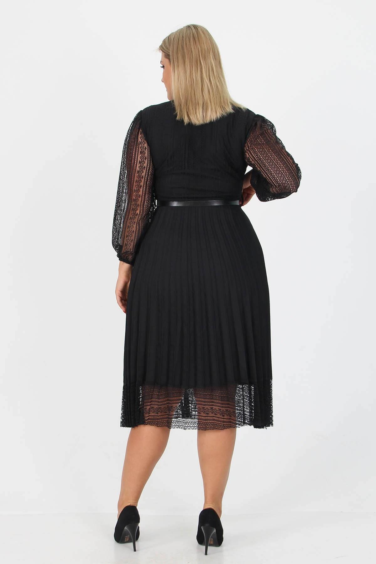 Dipmoda kadın piliseli dantel elbise APCX28 - Siyah 