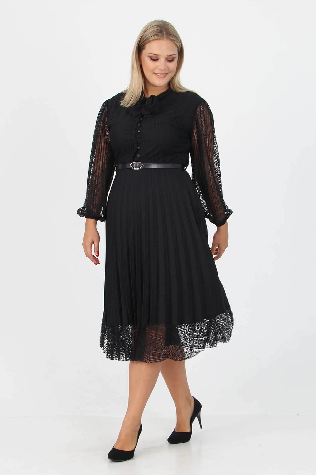 Dipmoda kadın piliseli dantel elbise APCX28 - Siyah 