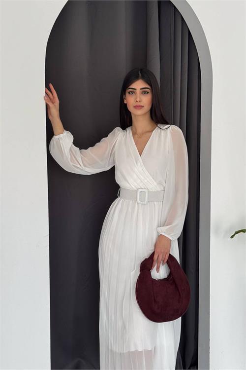 Dipmoda kadın piliseli kruvaze yaka kemerli şifon elbise NBK2113 