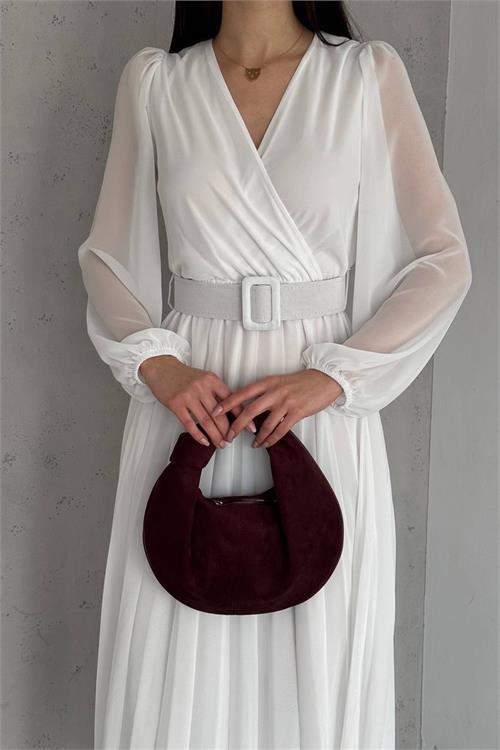 Dipmoda kadın piliseli kruvaze yaka kemerli şifon elbise NBK2113 