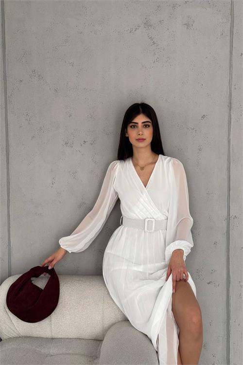 Dipmoda kadın piliseli kruvaze yaka kemerli şifon elbise NBK2113 