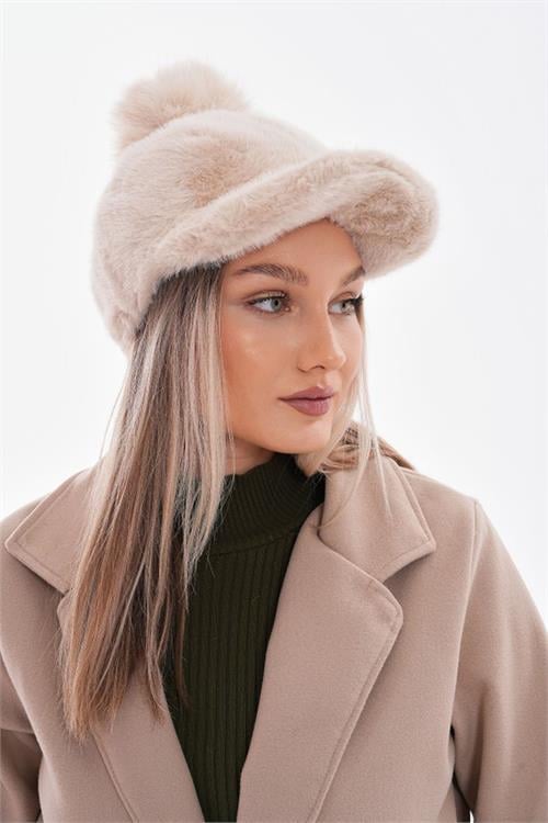 Dipmoda kadın ponponlu peluş kasket şapka DPAKS018