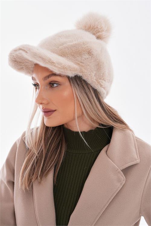 Dipmoda kadın ponponlu peluş kasket şapka DPAKS018