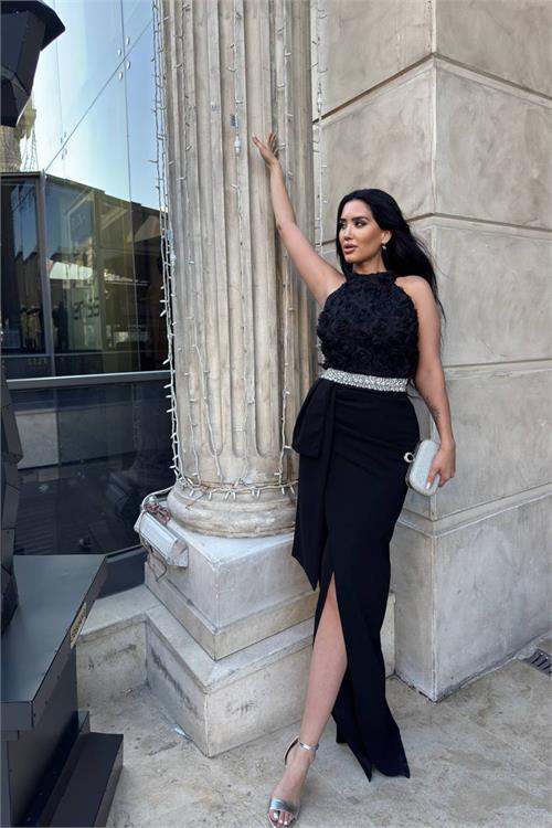 Dipmoda kadın premium gül detaylı bel taş kemerli tasarım abiye elbise DPNC2527