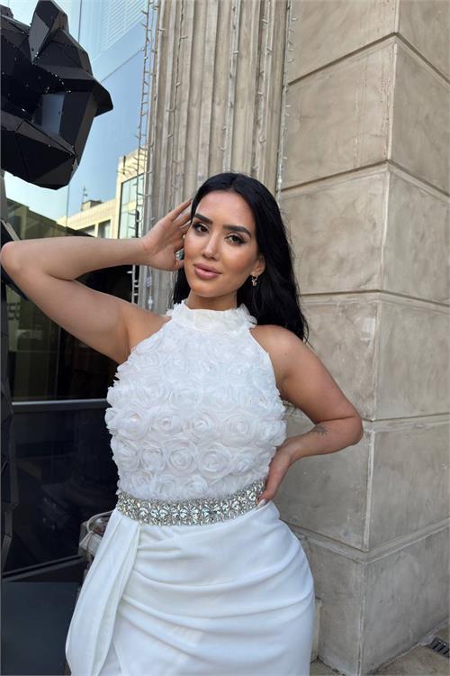 Dipmoda kadın premium gül detaylı bel taş kemerli tasarım abiye elbise DPNC2527