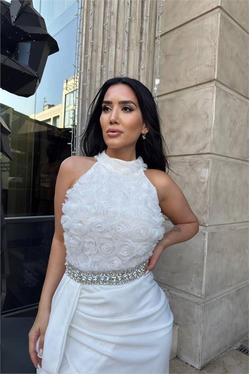 Dipmoda kadın premium gül detaylı bel taş kemerli tasarım abiye elbise DPNC2527