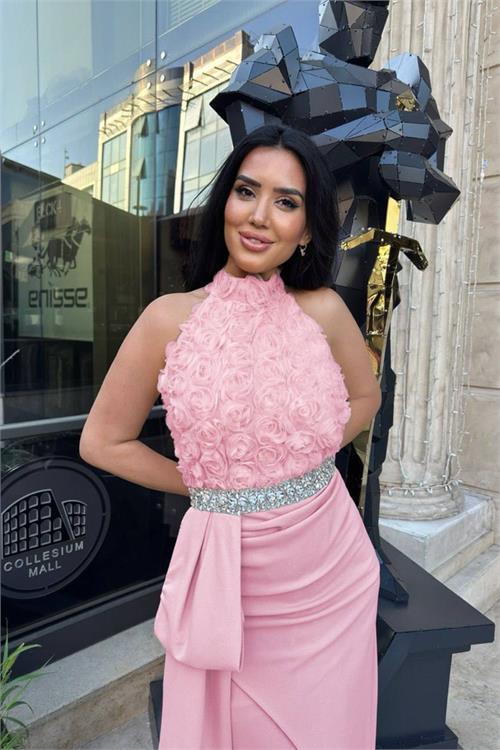 Dipmoda kadın premium gül detaylı bel taş kemerli tasarım abiye elbise DPNC2527