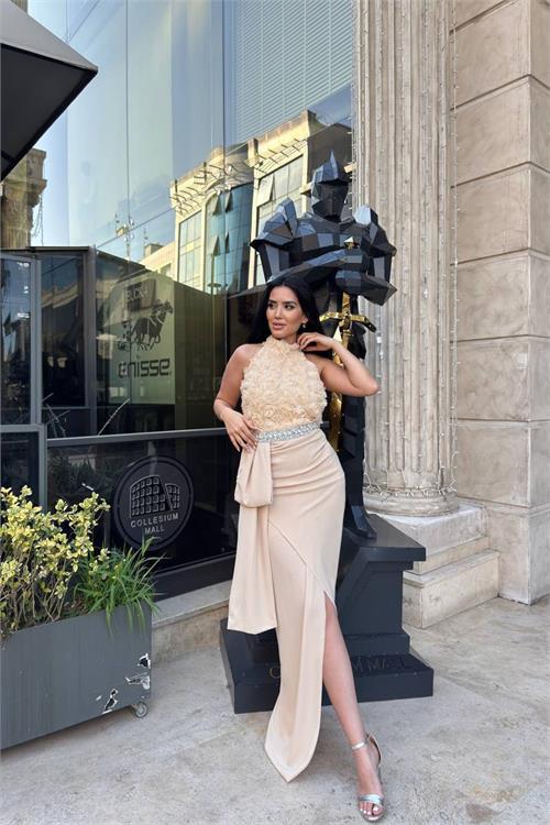 Dipmoda kadın premium gül detaylı bel taş kemerli tasarım abiye elbise DPNC2527