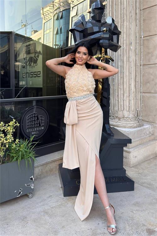 Dipmoda kadın premium gül detaylı bel taş kemerli tasarım abiye elbise DPNC2527