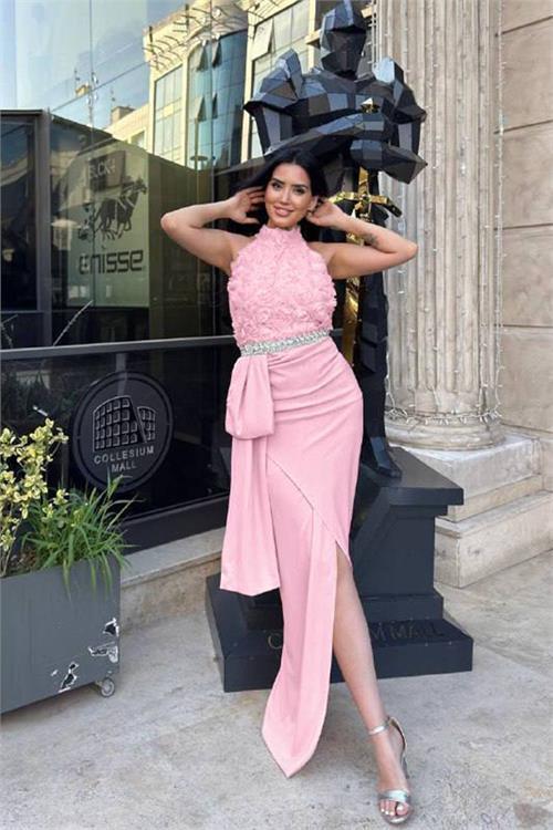 Dipmoda kadın premium gül detaylı bel taş kemerli tasarım abiye elbise DPNC2527